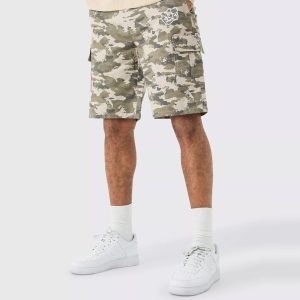 Washed Camo Fixed Waist Relaxed Cargo Shorts