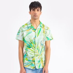 Palm Print Short Sleeve Shirt with Revere Collar