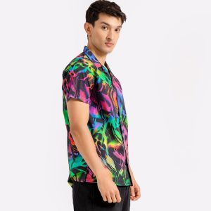 Short Sleeve Palm Print Revere Collar Shirt Regular Fit