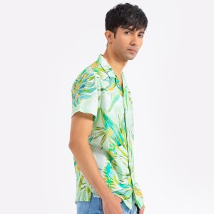 Palm Print Short Sleeve Shirt with Revere Collar