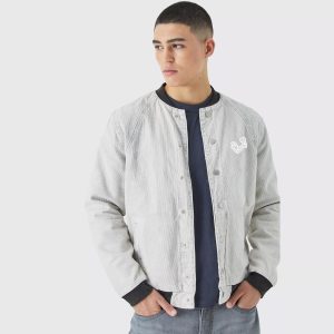 Cord Acid Wash Quilted Bomber Jacket in Light Grey